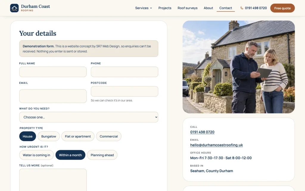 The contact page on desktop: the quote form with its Demonstration form notice, beside a photo of a homeowner and a roofer outside a stone house