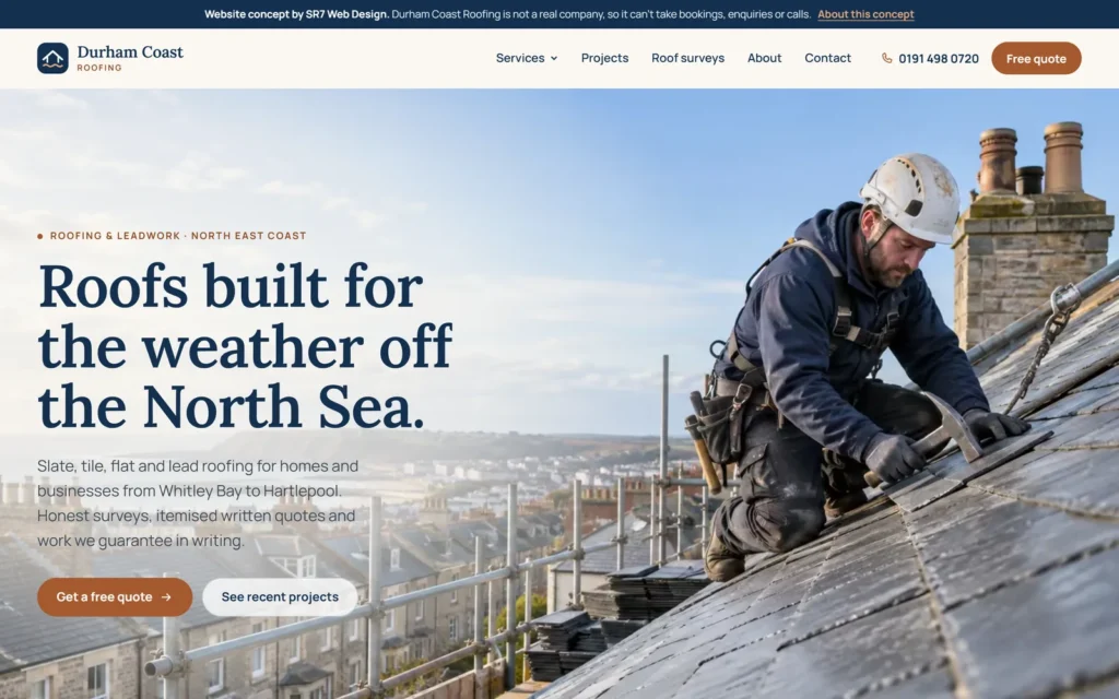 The Durham Coast Roofing hero on desktop: Roofs built for the weather off the North Sea. beside a roofer in a helmet laying slates on a terrace roof above the town