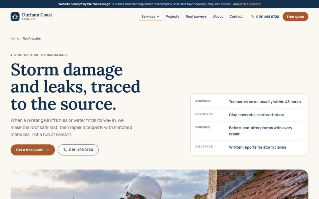 The Roof repairs page on desktop: Storm damage and leaks, traced to the source., with a panel covering response times, roof coverings, evidence and insurance