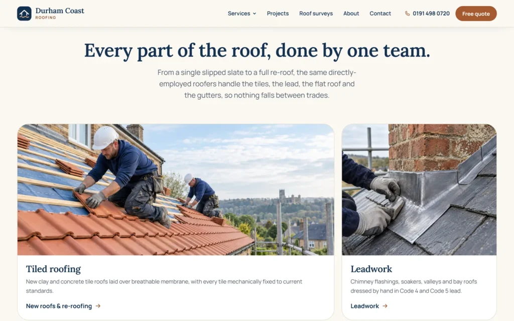 The services section on desktop: Every part of the roof, done by one team., with cards for tiled roofing and leadwork