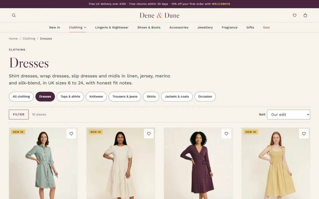The Dresses category page on desktop: filter chips for dresses, trousers and knitwear above a grid of dresses in sage, cream, plum and yellow