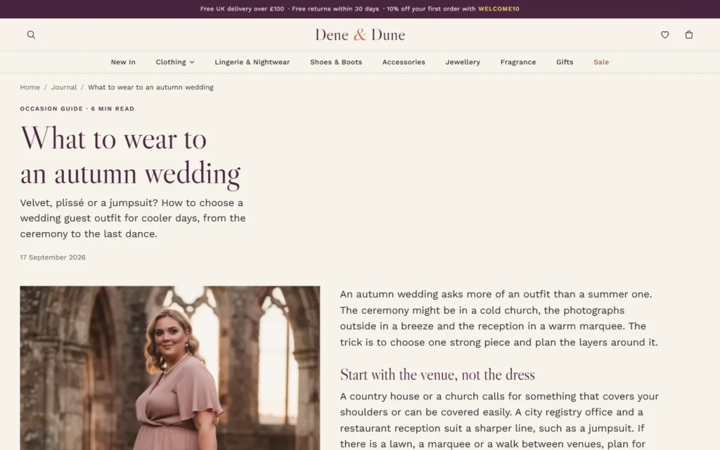 The style guide What to wear to an autumn wedding on desktop, with a photograph of a model in a dusty pink dress outside a ruined abbey