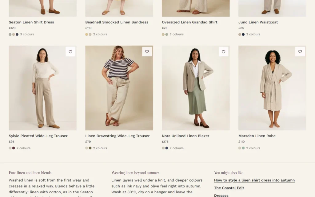 The women’s linen clothing page on desktop: linen trousers, a blazer and a robe above written guidance on wearing linen beyond summer