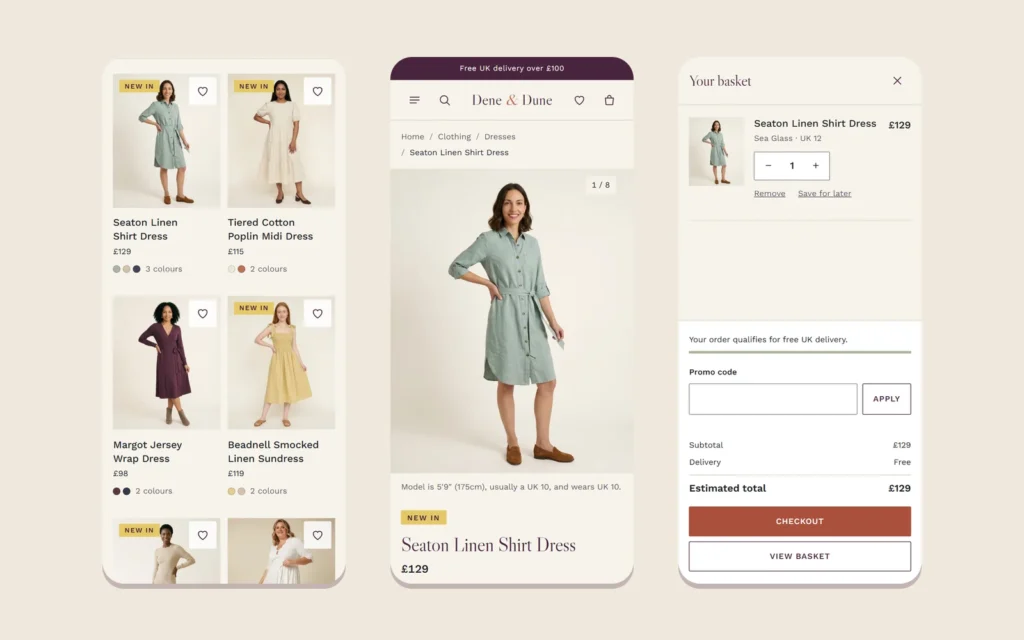 Three phone screens from Dene & Dune: the Dresses category grid, the Seaton Linen Shirt Dress product page and the basket drawer with a checkout button