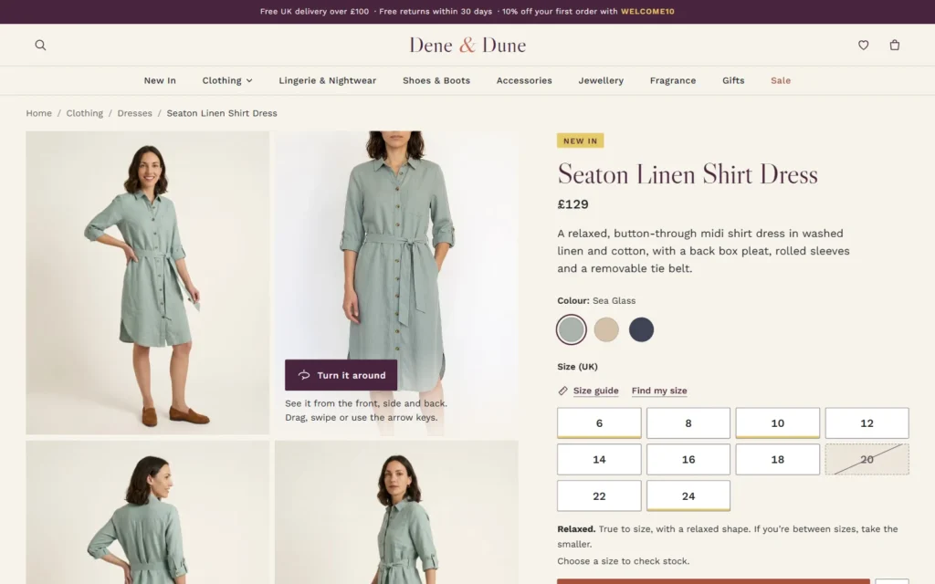 The Seaton Linen Shirt Dress product page on desktop: four photographs of a model in a sage linen dress beside colour swatches, UK sizes 6 to 24 and a fit note