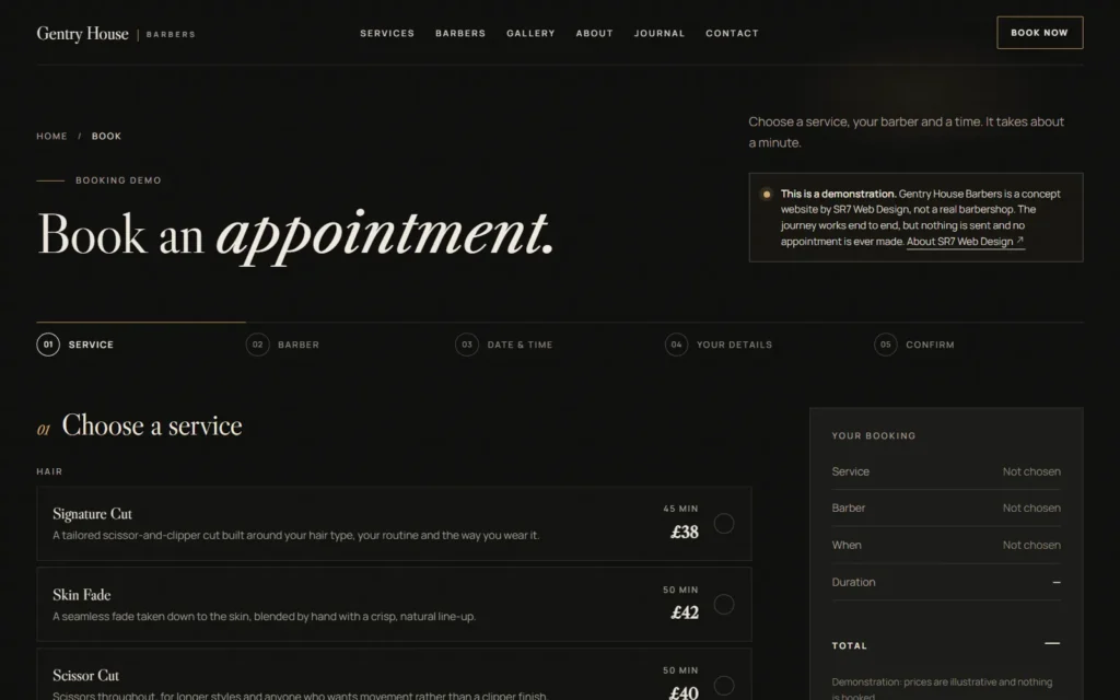 The booking demo on desktop: Book an appointment, a notice that this is a demonstration, and the five steps from service to confirm