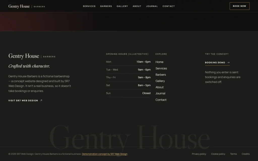 The Gentry House footer: illustrative opening hours, the fictional-business statement and the Demonstration concept by SR7 Web Design credit