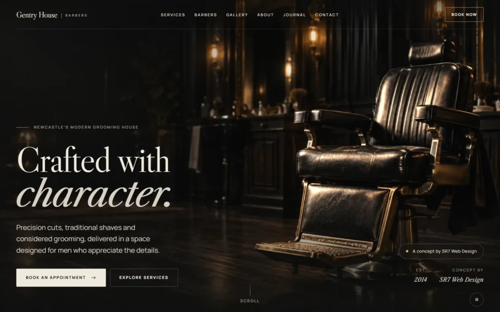 The Gentry House hero on desktop: Crafted with character. set over a film of a leather barber's chair, with Book an Appointment and Explore Services buttons