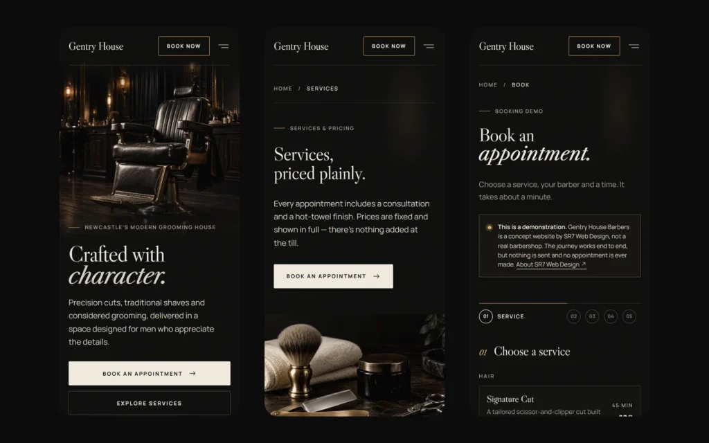 Three phone screens from Gentry House Barbers: the homepage, services and the booking demo