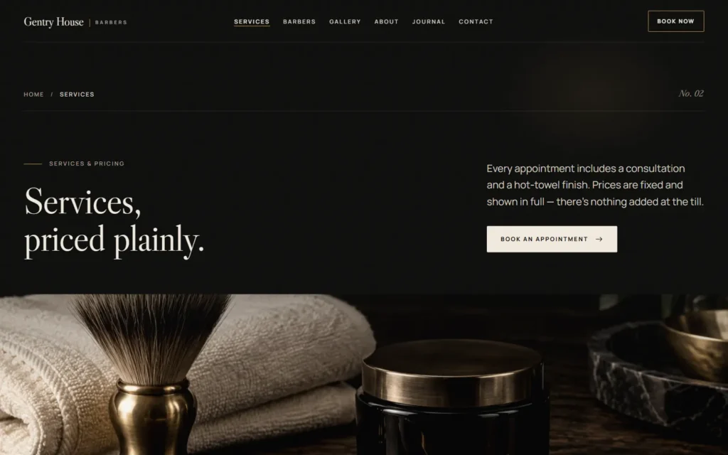 The Gentry House services page on desktop: Services, priced plainly. above a still life of a shaving brush, a brass-lidded jar and a folded towel